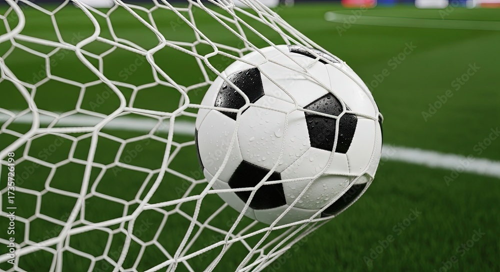 Fototapeta premium A soccer ball is caught in the net, the ball is white with black spots, the net is white, and the background is green grass and blue wall, a perfect goal moment