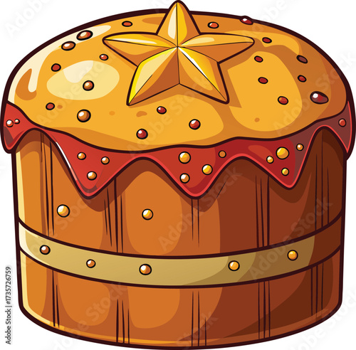 Christmas Panettone Celebration golden panettone with red decoration and fruit arrangement