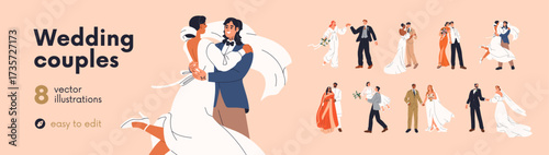 Happy bride and groom on wedding day set. Marriage ceremony of romantic man bridegroom in suit and woman in dress. Just married love couples, newlyweds. Isolated flat graphic vector illustrations