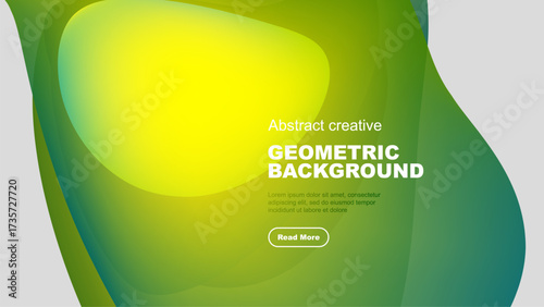 Abstract geometric background features vibrant yellow, green gradients. Text invites viewers to explore further details. Modern design.