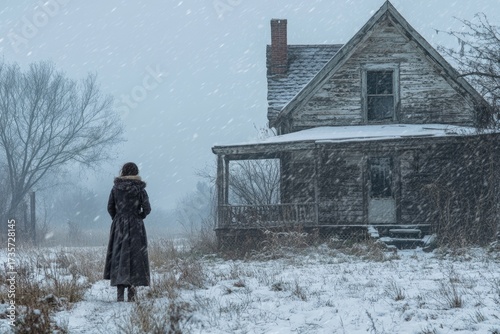 A lone figure stands in a snowy field, gazing at a decaying abandoned farmhouse amidst a winter blizzard, evoking solitude and mystery.
