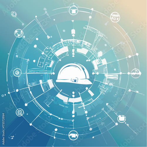 An abstract illustration of engineering and architecture, with a focus on design elements and blueprint symbols, all interconnected. A hard hat at the core, illustrating safety and construction