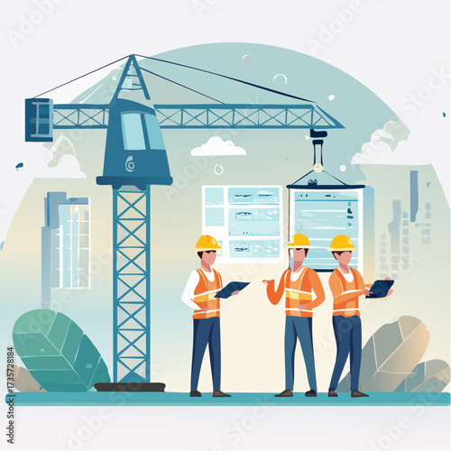 A construction site with engineers and crane working together. The image features engineers in yellow helmets reviewing plans and overseeing construction activities. 
