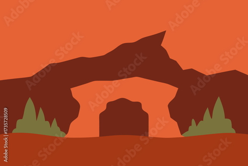 Stylized minimalist landscape with rocky archway and sparse trees