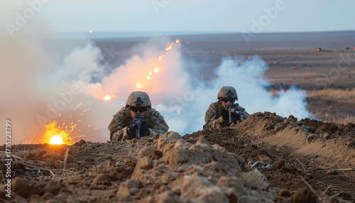 Two fictional soldiers taking cover behind low berm as distant tracers arc in haze restrained contrast unmarked gear tactical teamwork security and defense concept