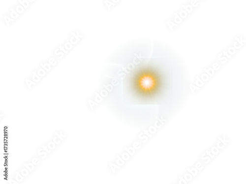 Abstract white circular light bloom vector overlay with warm orange core and stylized cloud edges. Modern lens flare effect for 3D rendering and digital graphic design