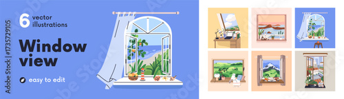 Look out from open windows set. Views from cozy homes. Beautiful nature and city landscapes, countryside, field, sea beach and mountain outside, windowsills, tables inside. Flat vector illustrations