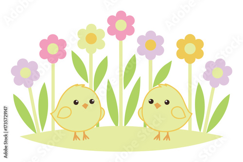 Adorable baby chicks surrounded by colorful spring flowers celebrating easter and new beginnings