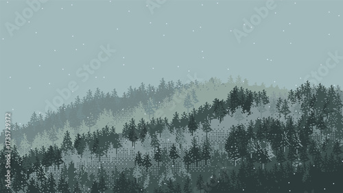 Pixel art snowy forest in winter. Falling snow over pine trees in a calm and cold landscape. 16-bit style vector illustration.