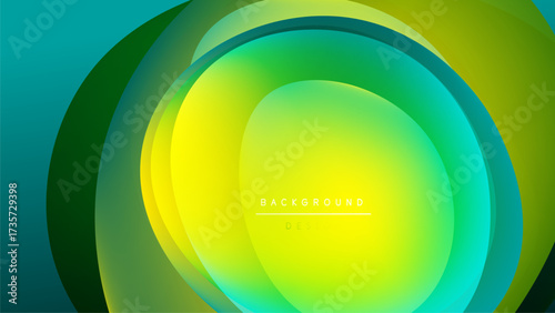 Abstract layers create vibrant gradient effect. Circular shapes blend yellow, green, turquoise hues against dark backdrop. Modern design element.