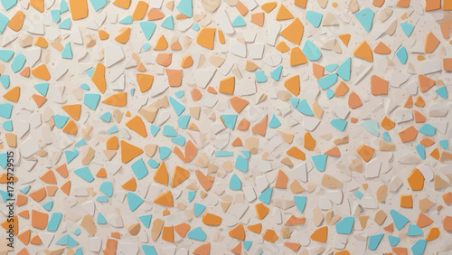 3D Rendered Seamless Terrazzo Pattern with Textured Blue and Orange Fragments