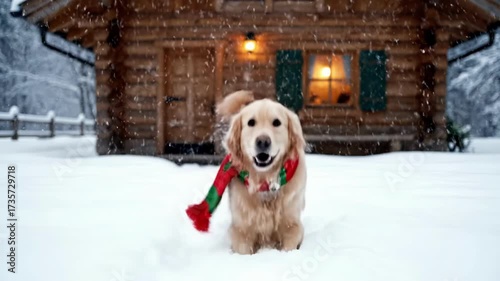 Playful golden retriever running in snowy cottage setting with christmas scarf