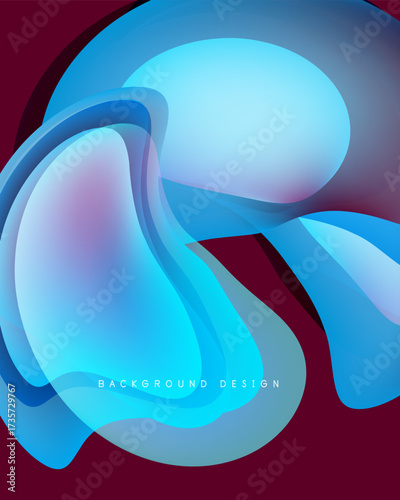 Abstract fluid shapes overlap, creating vibrant blue gradients. Background is deep burgundy. Design feels modern, dynamic.