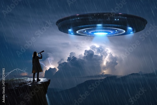 Large glowing UFO hovering above cliff in stormy sky. Dramatic sci-fi scene suited for posters, concept art, presentations, or editorial science features. Clean, realistic cosmic atmosphere