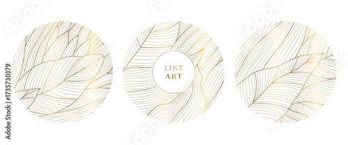 Elegant floral vector emblem, golden lines, circular ornaments, organic leaf patterns, Japanese design. Spa logos, cosmetic labels, wedding monograms, luxury nature icons