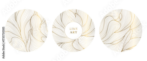 Elegant floral vector emblem, golden lines, circular ornaments, organic leaf patterns, Japanese design. Spa logos, cosmetic labels, wedding monograms, luxury nature icons