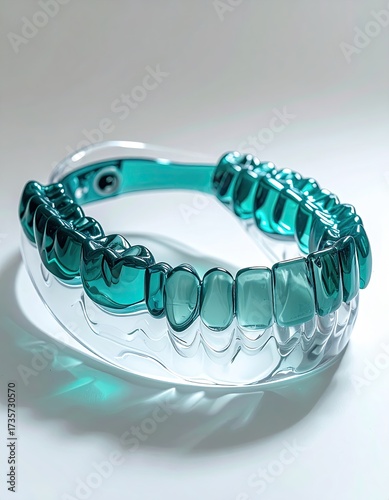 Dental night guard, translucent aqua, on a white surface