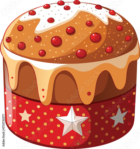 Christmas Panettone Celebration tall bread with red icing and candied fruit topping
