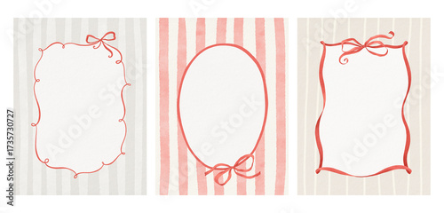 Watercolor set of whimsy frames with ribbons and red bows on delicate simple backgrounds. Collection prints for your text, photo or design card. Hand drawn illustration.