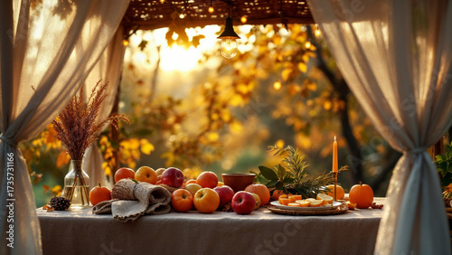 Celebrating sukkot with a beautifully decorated table filled with autumn fruits, a lit candle, and warm sunset light in a sukkah