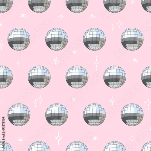 Disco ball party celebration background. Silver disco ball with star doodles seamless pattern. 