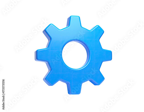A glossy blue gear icon with a central hole on a stark black background