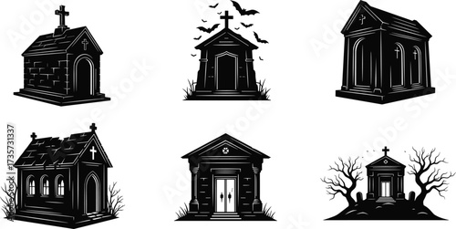 Dark cemetery mausoleum vector illustration with gothic chapel, haunted crypts, spooky graveyard tombs, bats, eerie trees, and Halloween horror elements.