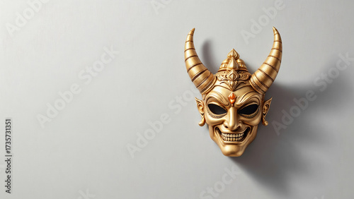 Golden ravana mask hanging on a gray wall, symbolizing evil in the hindu festival of dussehra