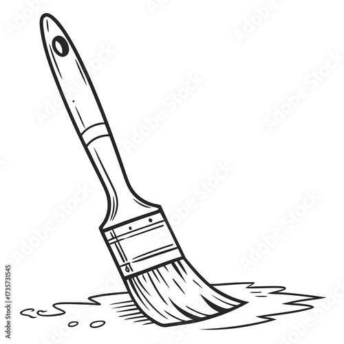 A black and white illustration of a paintbrush with bristles dipped in a puddle of paint