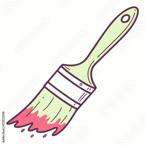 A light green paintbrush with a handle and bristles dipped in pink paint isolated on white background