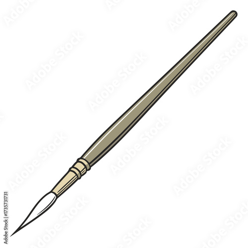 A single fine tipped artist paintbrush with a long handle and bristles isolated on a white background