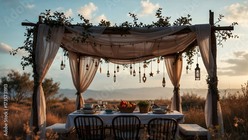 Sukkah decorated for sukkot, the jewish harvest festival, with a table set for dinner under a canopy at sunset