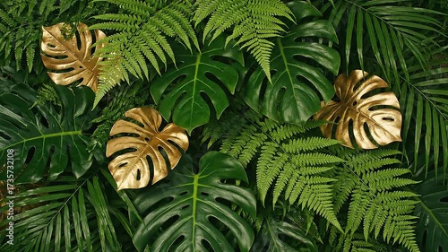 Golden Monstera Leaves Amidst Lush Green Tropical Foliage.