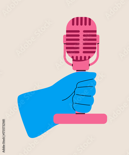Hand holding microphone. Colorful vector illustration