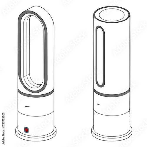 Modern bladeless fan and air purifier isolated on white background with clean line art design