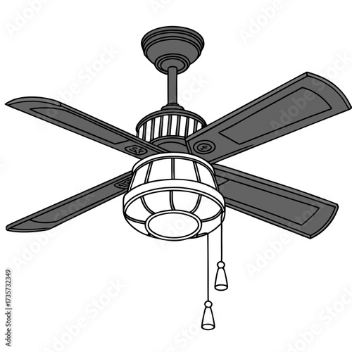 Modern gray ceiling fan with light fixture and pull chains isolated on white background