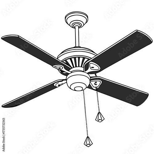 Modern four blade ceiling fan with pull chains and decorative diamond shaped finials on white background