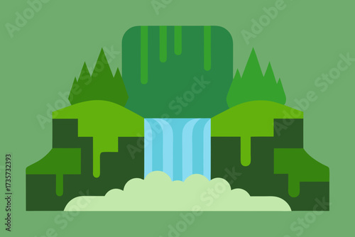 Stylized flat design of a lush green waterfall cascading into a misty pool