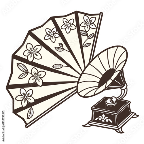 Vintage gramophone with decorative fan featuring floral motifs and elegant lines