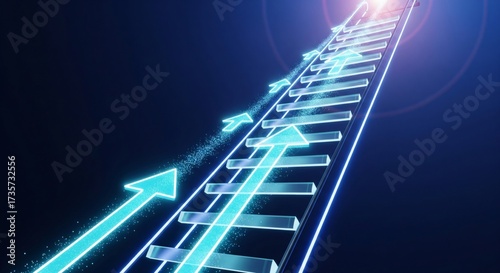Digital ladder with glowing arrows ascending towards a bright light, representing concepts of business success and progress.