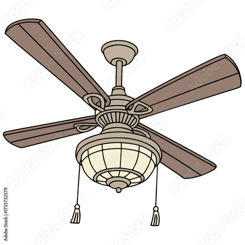 Vintage style ceiling fan with five wooden blades and a decorative light fixture with pull chains