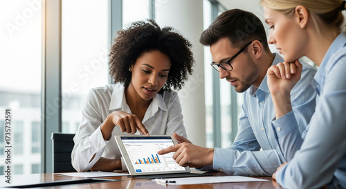  A diverse group of three business professionals (30s-40s) intensely focused around a tablet displaying a financial report, with one pointing to a key figure. They are in a sleek, modern boardroom wit
