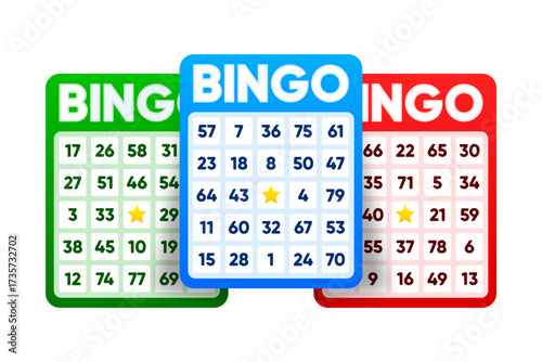 Lottery tickets. Lotto bingo cards with numbers, keno gambling. Colorful betting sheets with lucky numbers. Gaming industry and casino advertising. Vector Illustration.