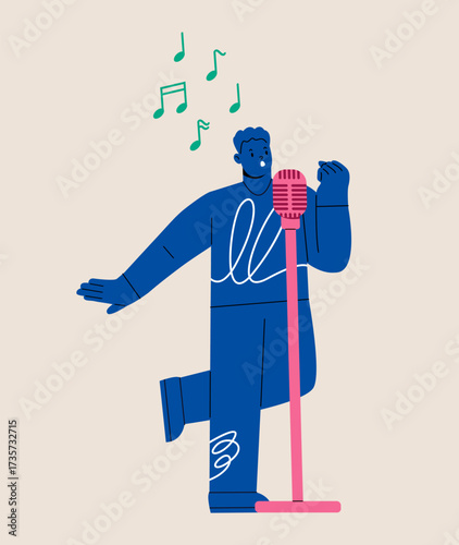 Man singing with microphone. Colorful vector illustration