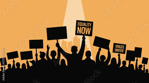 Powerful crowd of silhouettes demonstrating for equality and unity, holding signs high in peaceful protest for social justice and change now