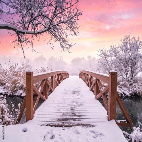 Snowy bridge over water, pink sky, winter wonderland scene