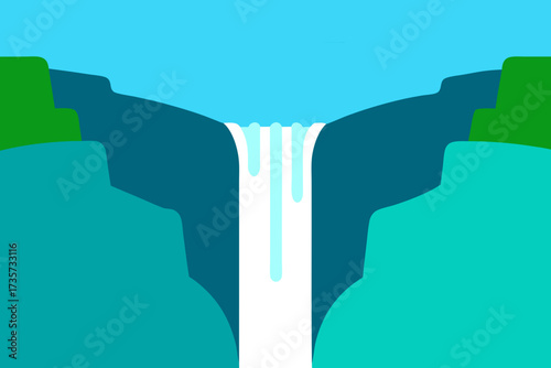 Stylized flat illustration of a majestic waterfall cascading down cliffs