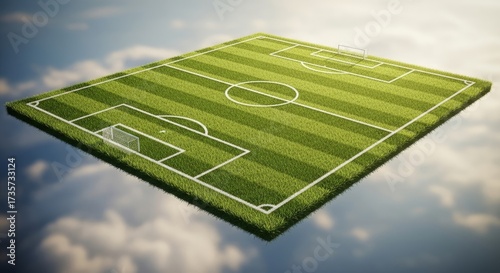 A vibrant soccer field hovers amidst fluffy white clouds, bathed in warm sunlight, showcasing the lush green grass and crisp white lines of the playing surface, creating a dreamlike scene