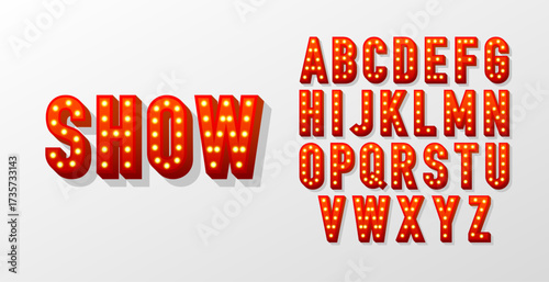 Show font collection. Retro 3d letters with light bulbs. Vintage red letters full alphabet. Casino style text. Vector illustration.