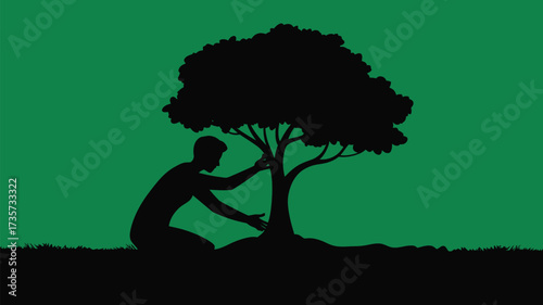 A silhouette of a person embracing a tree shows environmental care and connection to nature, symbolizing conservation and ecological awareness
